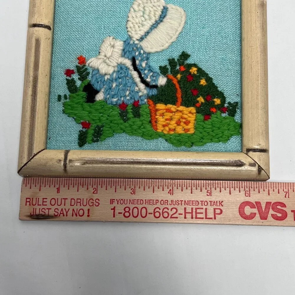 Framed Completed Crewel Holly Hobbie 1970's Girl with‎ Basket in Garden Sunshine